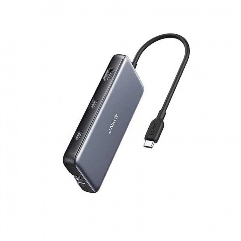 موزع متعدد المنافذ ‎ 8في 1 انكر منفذين USB-A ومنفذين USB-C , منفذ HDMI , منفذ SD , منفذ Micro SD , منفذ Ethernet - رمادي
